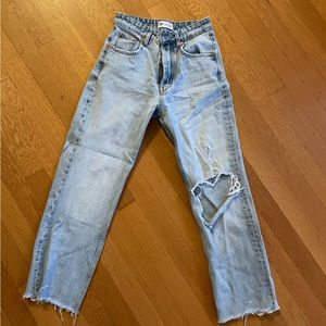 Zara light wash straight leg jeans with knee hole